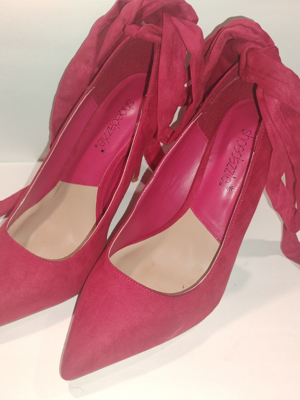 Shoe Dazzle Pink Pointed-Toe Tie-Ankle Pumps